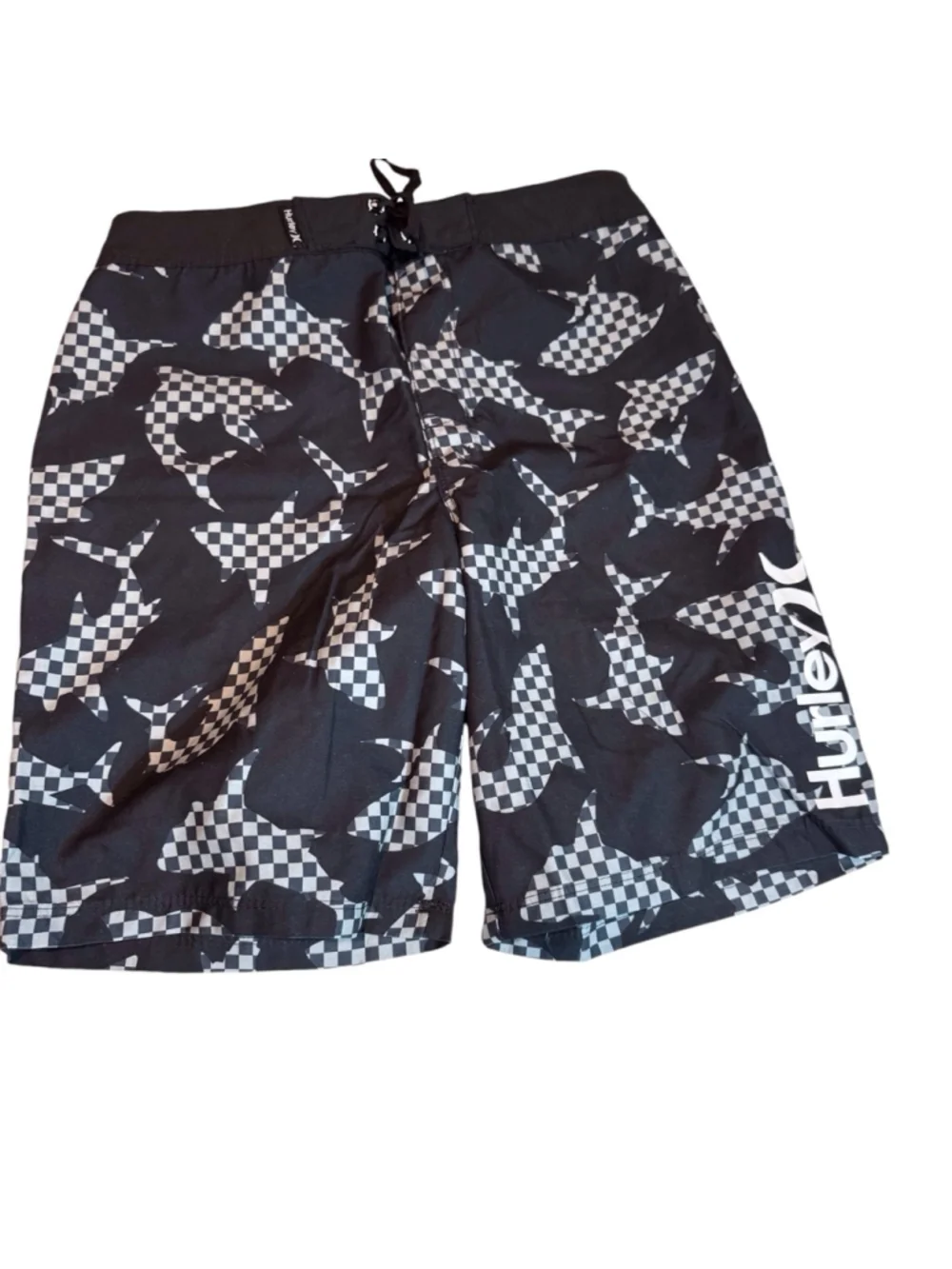 Hurley boys Black & White Checkered shark Swim Trunks Size 16/28 - Picture 1 of 3